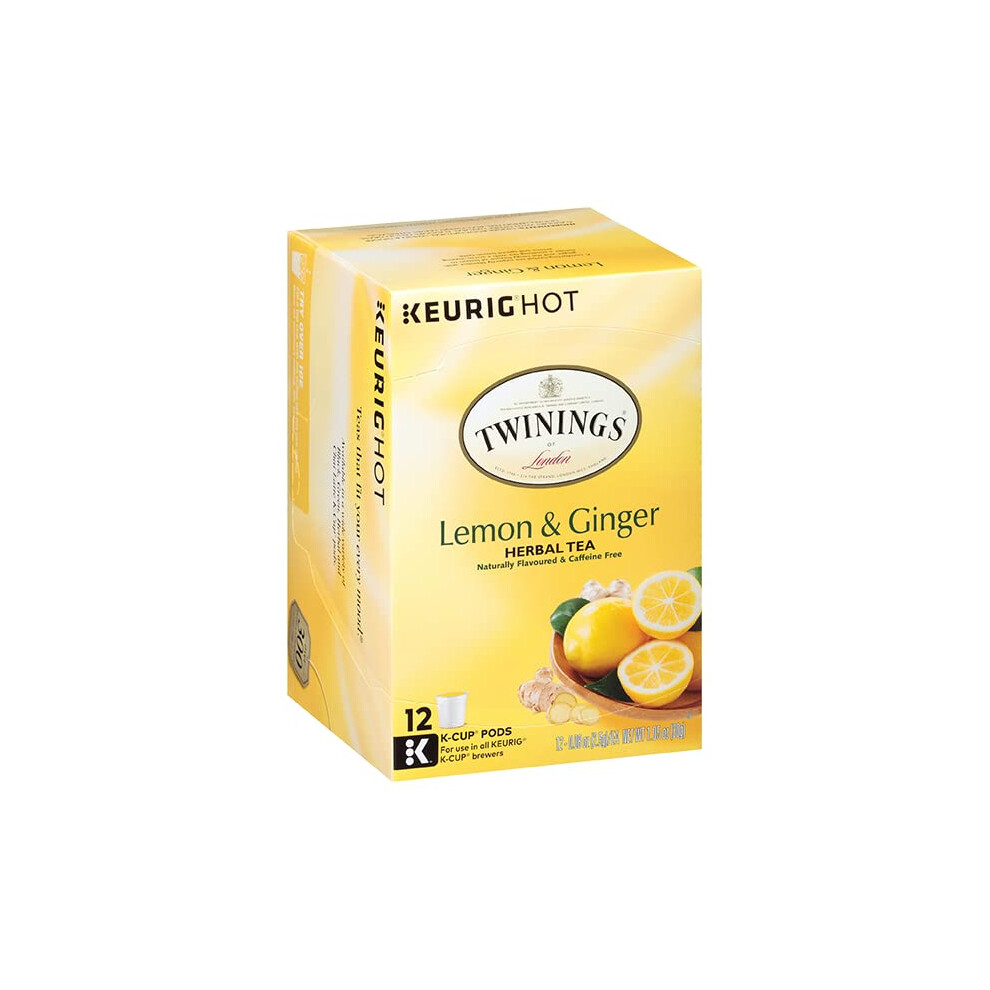 Twinings of London Lemon  ginger Herbal Tea, K cup Tea for Keurig, Naturally caffeine Free Blend, ginger Root, Lemon grass, Linden, Lemon Peel, Black