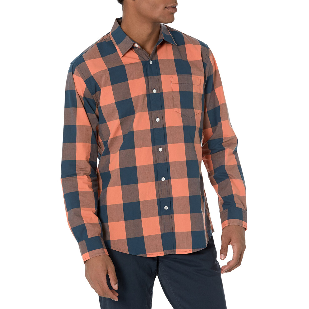 Men's Regular-Fit Long-Sleeve Casual Poplin Shirt, Blue/Orange, Buffalo, Large