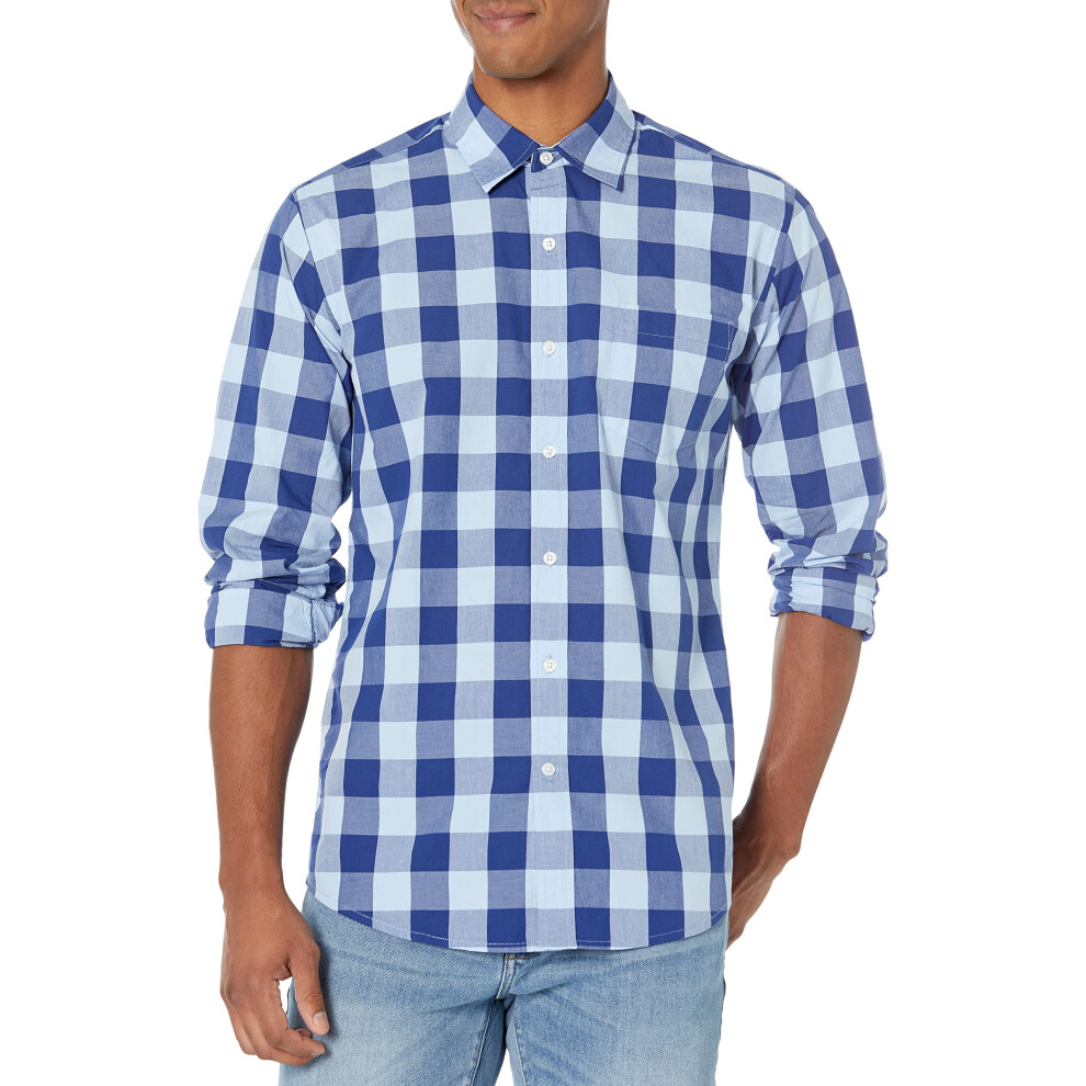 Men's Regular-Fit Long-Sleeve Casual Poplin Shirt, Blue, Buffalo Check, Large