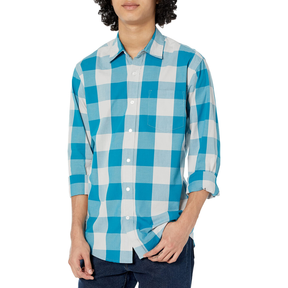 Men's Regular-Fit Long-Sleeve Casual Poplin Shirt, Teal Blue, Buffalo Check, X-Large