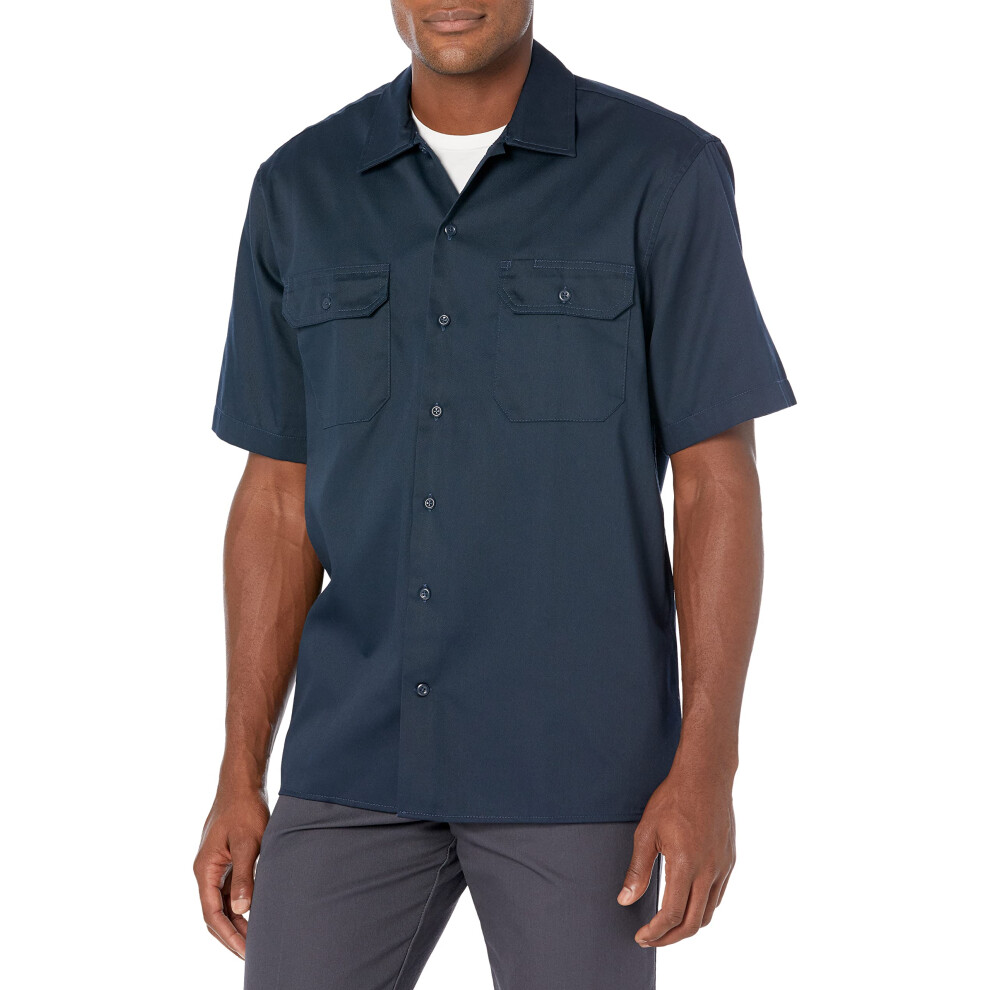 Mens Short-Sleeve Stain and Wrinkle-Resistant Work Shirt, Dark Navy, X-Small