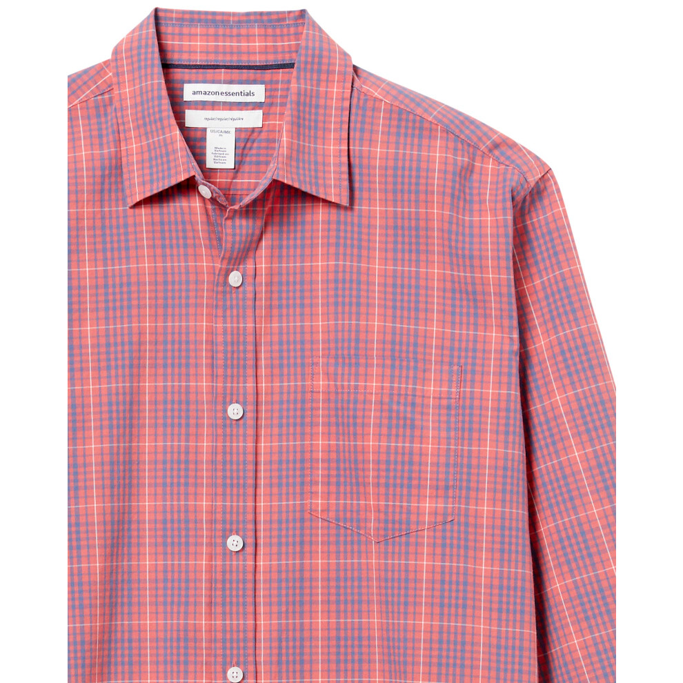 Mens Regular-Fit Long-Sleeve casual Poplin Shirt, Blue Washed Red Plaid, Small