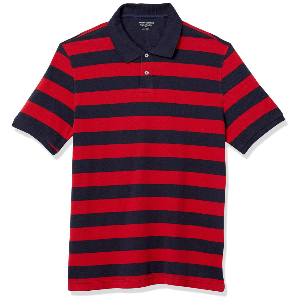 Mens Regular-Fit cotton Pique Polo Shirt (Available in Big & Tall), RedNavy, Rugby Stripe, Medium