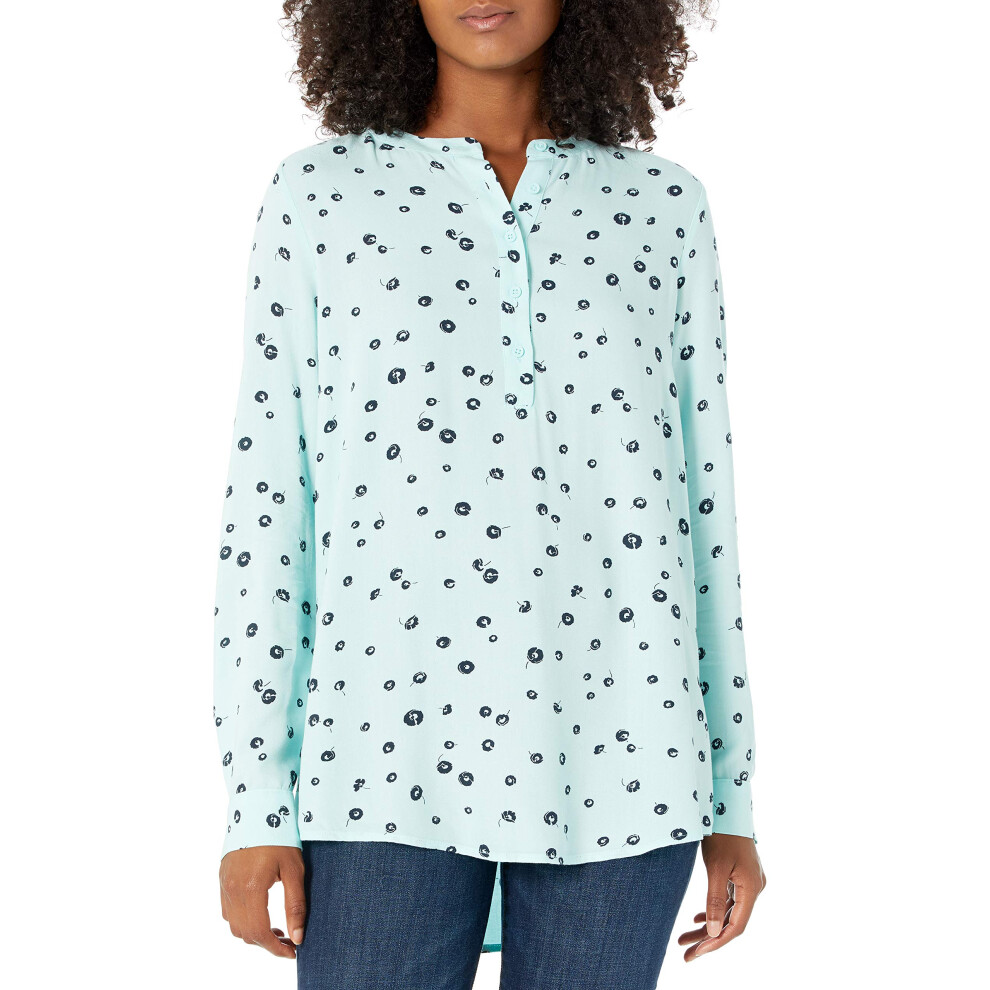 Womens Long-Sleeve Woven Blouse, Aqua Blue Poppy, Large