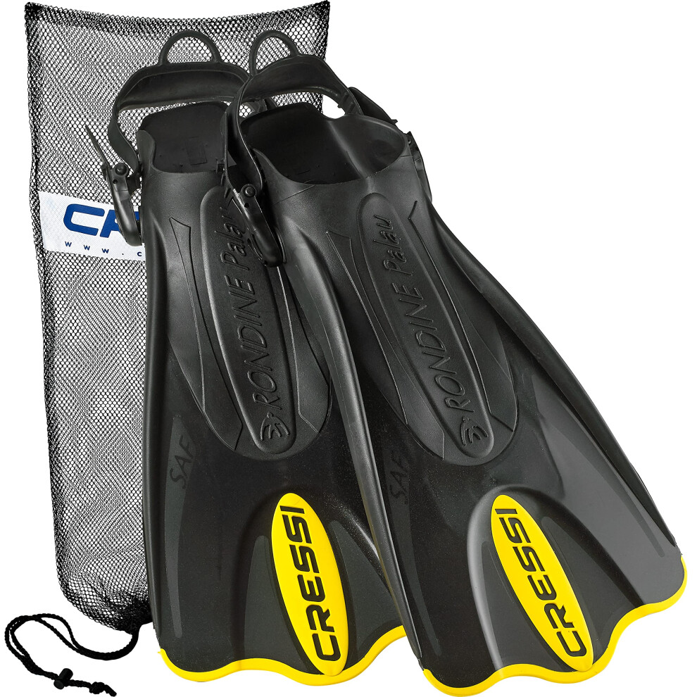 Cressi Italian Made Palau Short Snorkeling Swim Fins with Mesh Bag, Black Yellow, L