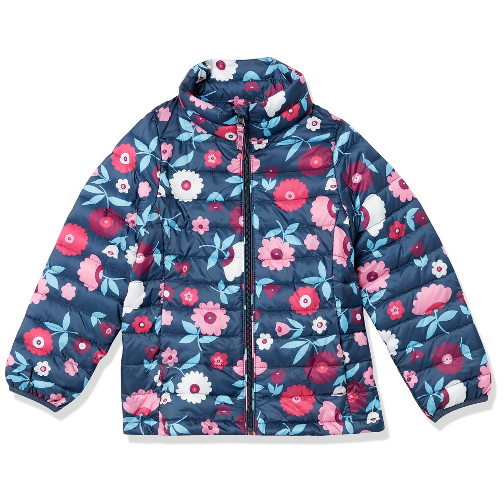 Girls' Lightweight Water-Resistant Packable Mock Puffer Jacket, Navy Floral, Medium