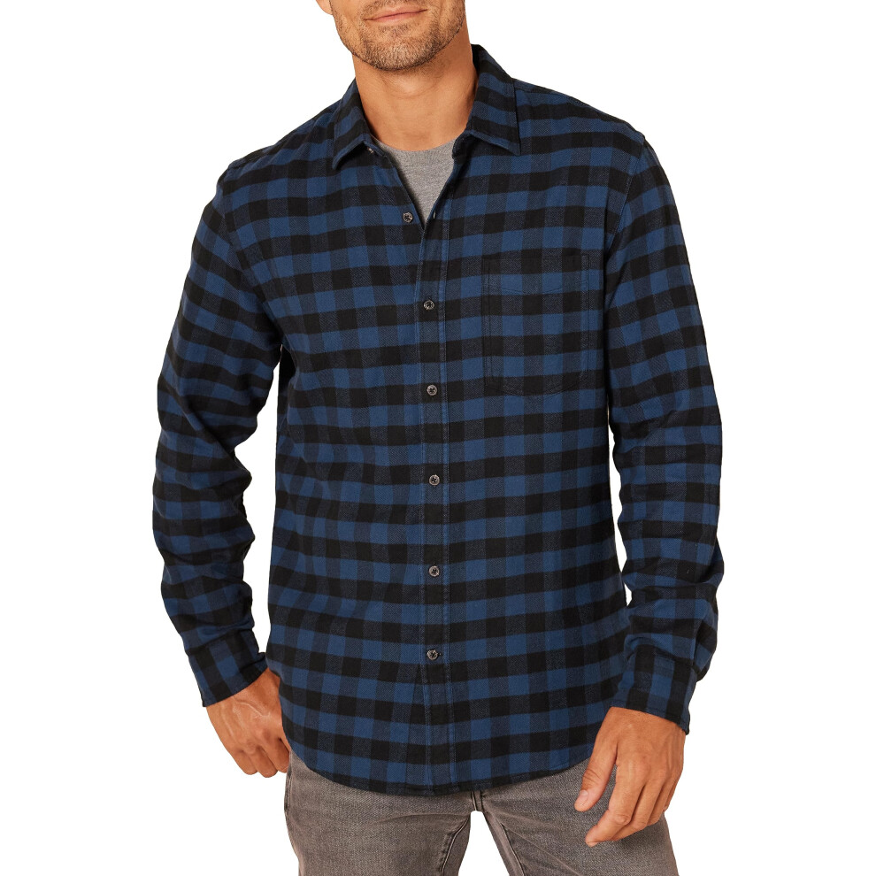 Men's Slim-Fit Long-Sleeve Flannel Shirt, Black Blue Buffalo Plaid, X-Small