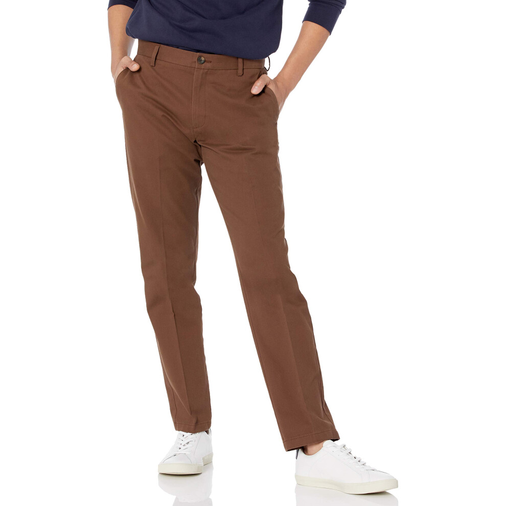 Mens Slim-Fit Wrinkle-Resistant Flat-Front chino Pant, Brown, 32W x 31L