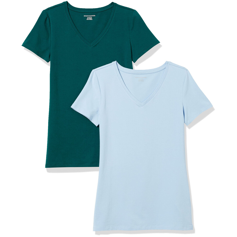 Women's Classic-Fit Short-Sleeve V-Neck T-Shirt, Pack of 2, Dark Green/Powder Blue, Large