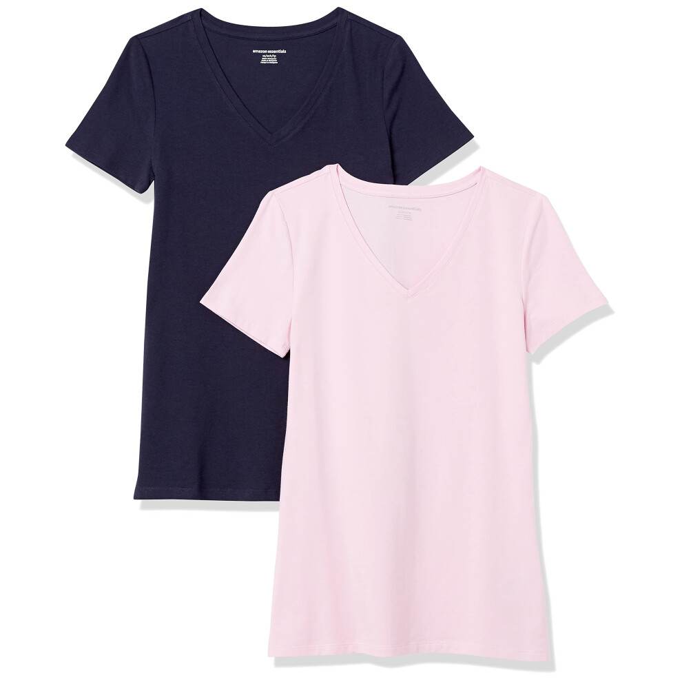 Women's Classic-Fit Short-Sleeve V-Neck T-Shirt, Pack of 2, Navy/Light Pink, Medium