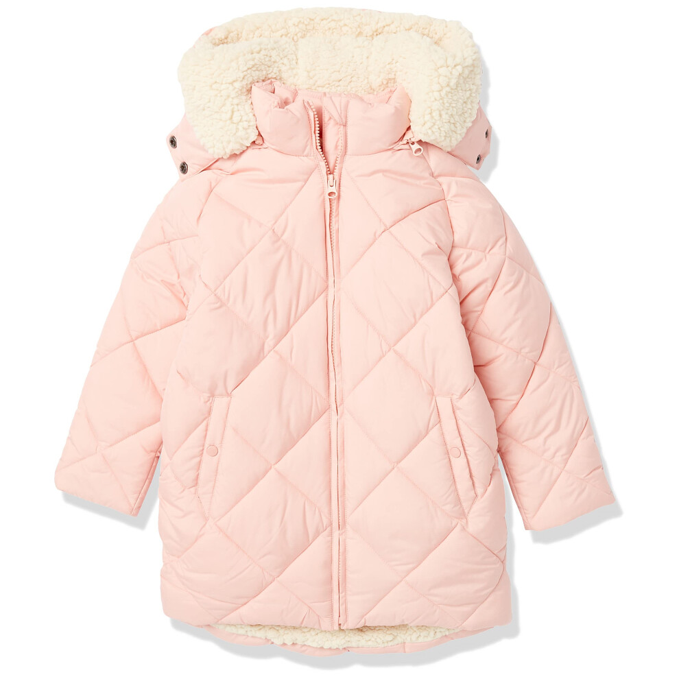 Girls' Long Quilted Cocoon Puffer Coat, Light Pink, XX-Large