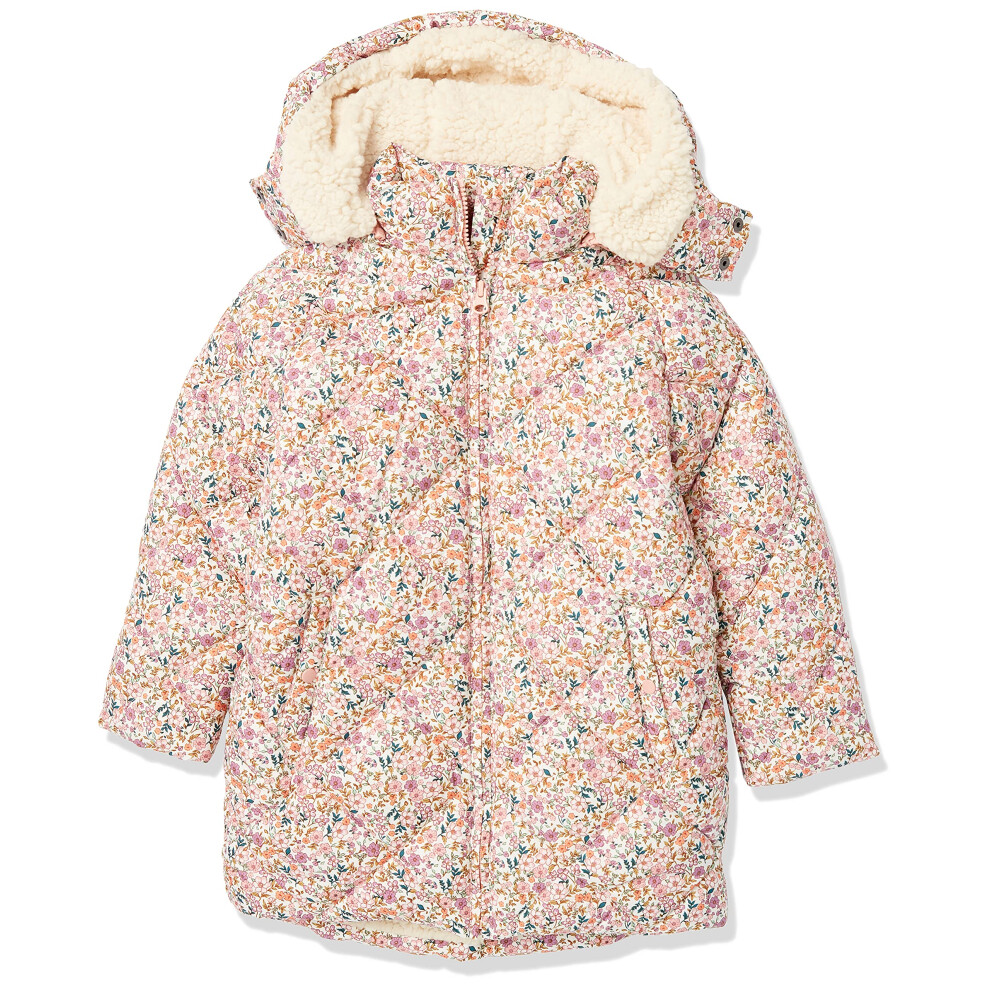 Girls' Long Quilted Cocoon Puffer Coat, Cream Floral, Large