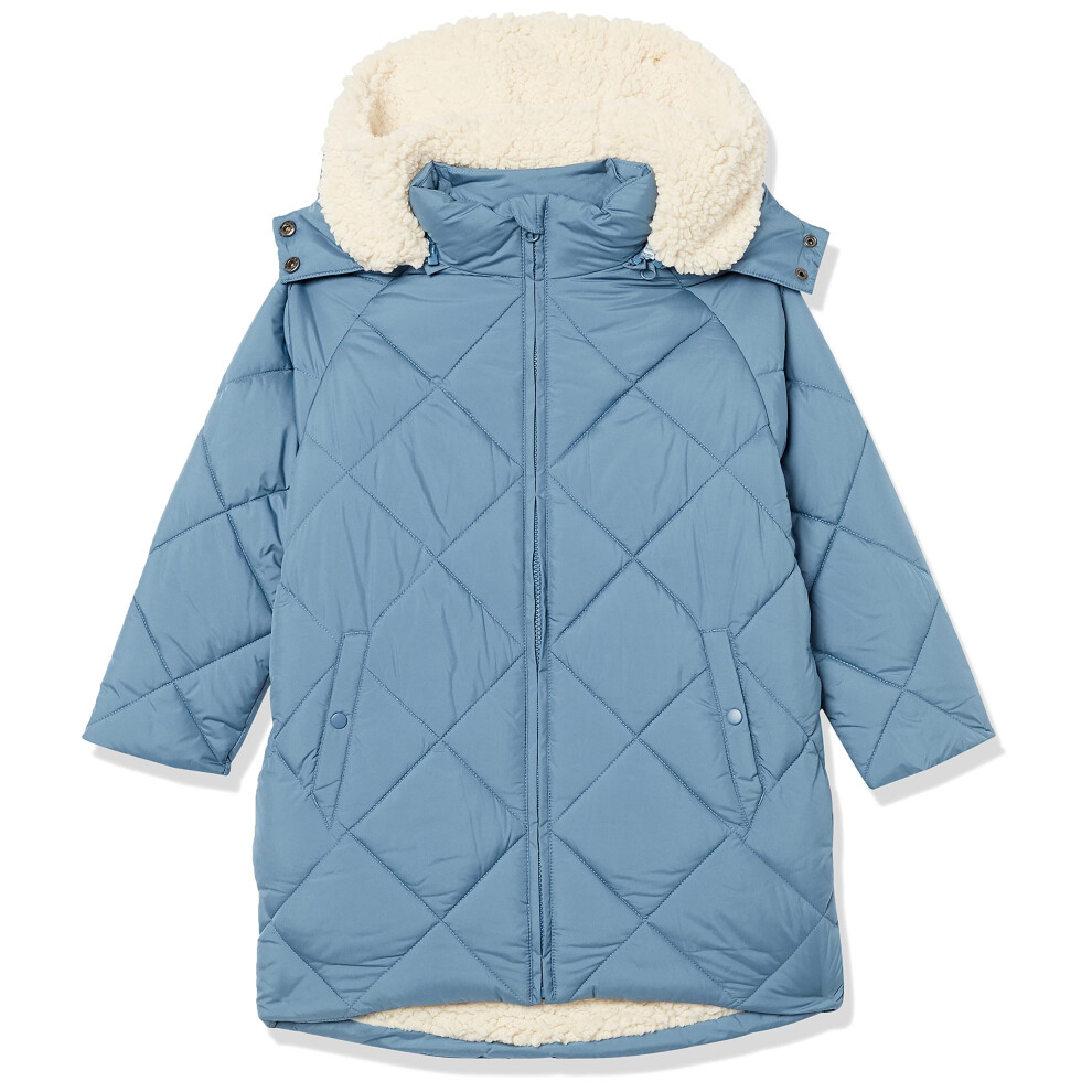 Girls' Long Quilted Cocoon Puffer Coat, Blue, X-Large