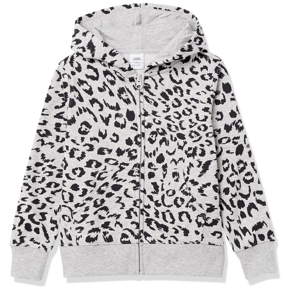 Girls' Fleece Zip-Up Hoodie Sweatshirt, Light Grey Heather Animal, Medium