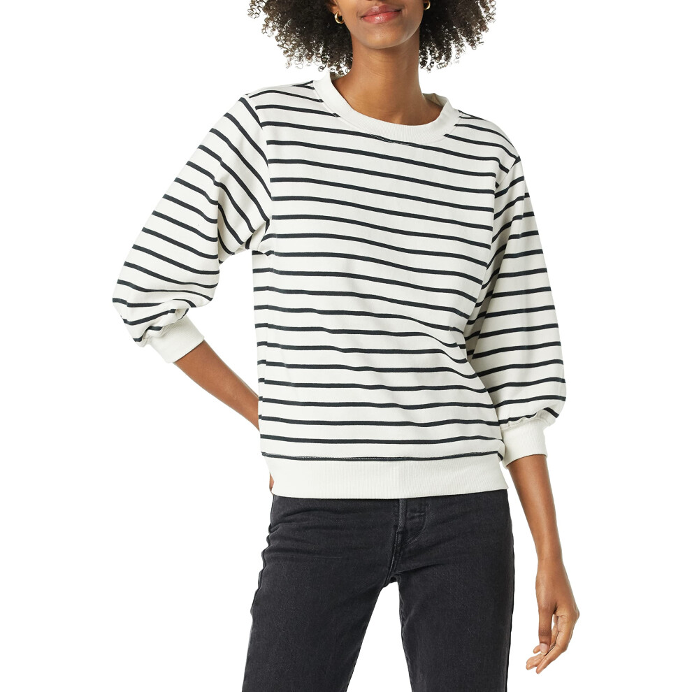 Women's French Terry Fleece Sleeve Detail Crewneck Sweatshirt, White/Black, Stripe, Small