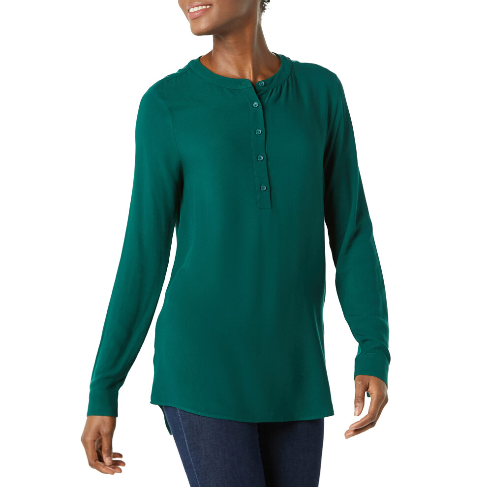 Womens Long-Sleeve Woven Blouse, Dark green, X-Small