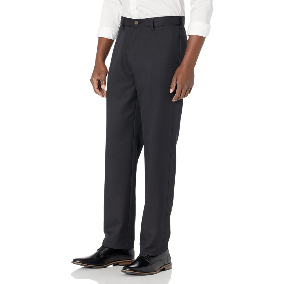 Mens classic-Fit Expandable-Waist Flat-Front Dress Pant, Black, 28W x 30L