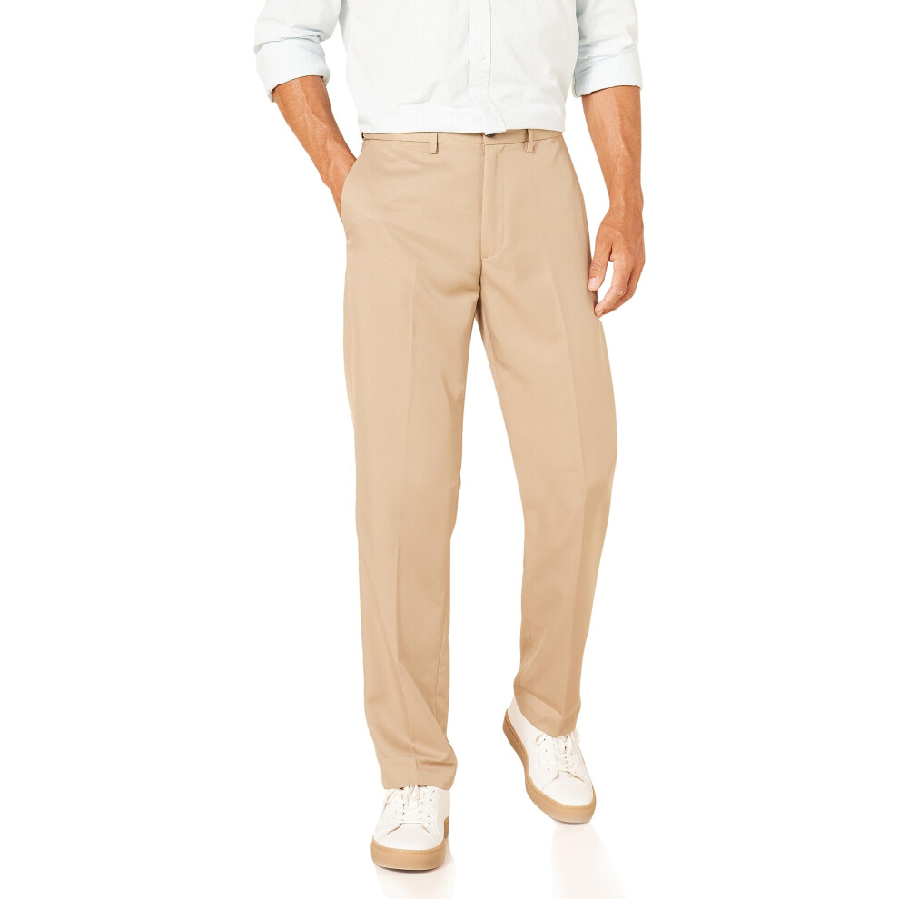 Mens classic-Fit Expandable-Waist Flat-Front Dress Pant, Khaki Brown, 32W x 30L