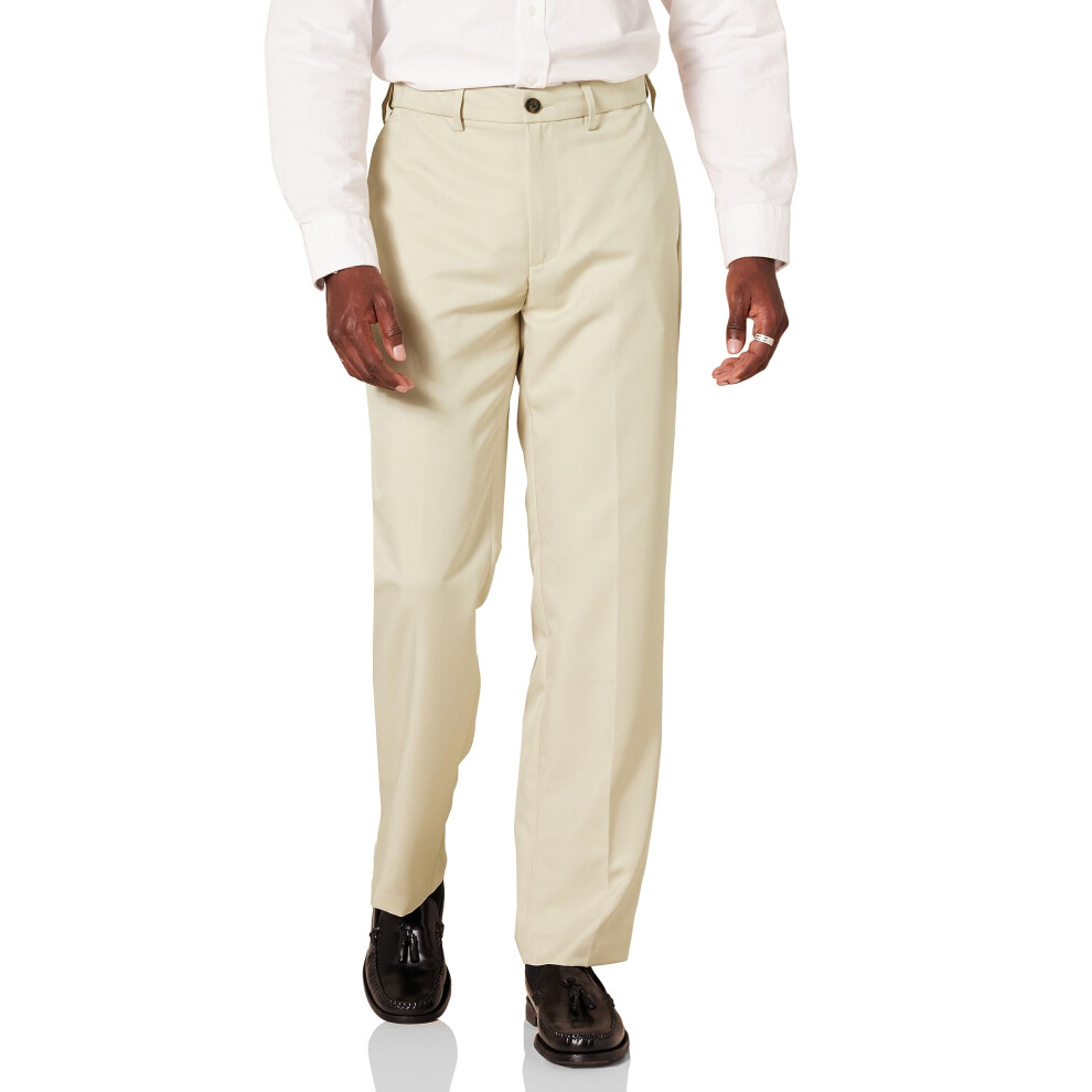 Mens classic-Fit Expandable-Waist Flat-Front Dress Pant, Stone, 33W x 29L