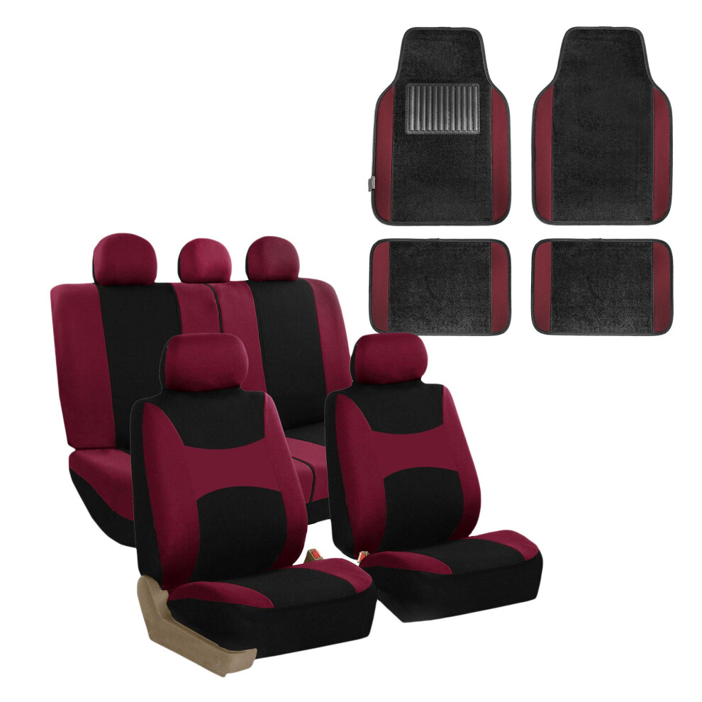Fh Group & Breezy Cloth Seat Full Car Seat Covers (Airbag & Split Ready) With Carpet Floor Mats- Universal Car Truck Suv Or Van (Burgundy/Bl Light/Burgundy 196342009105
