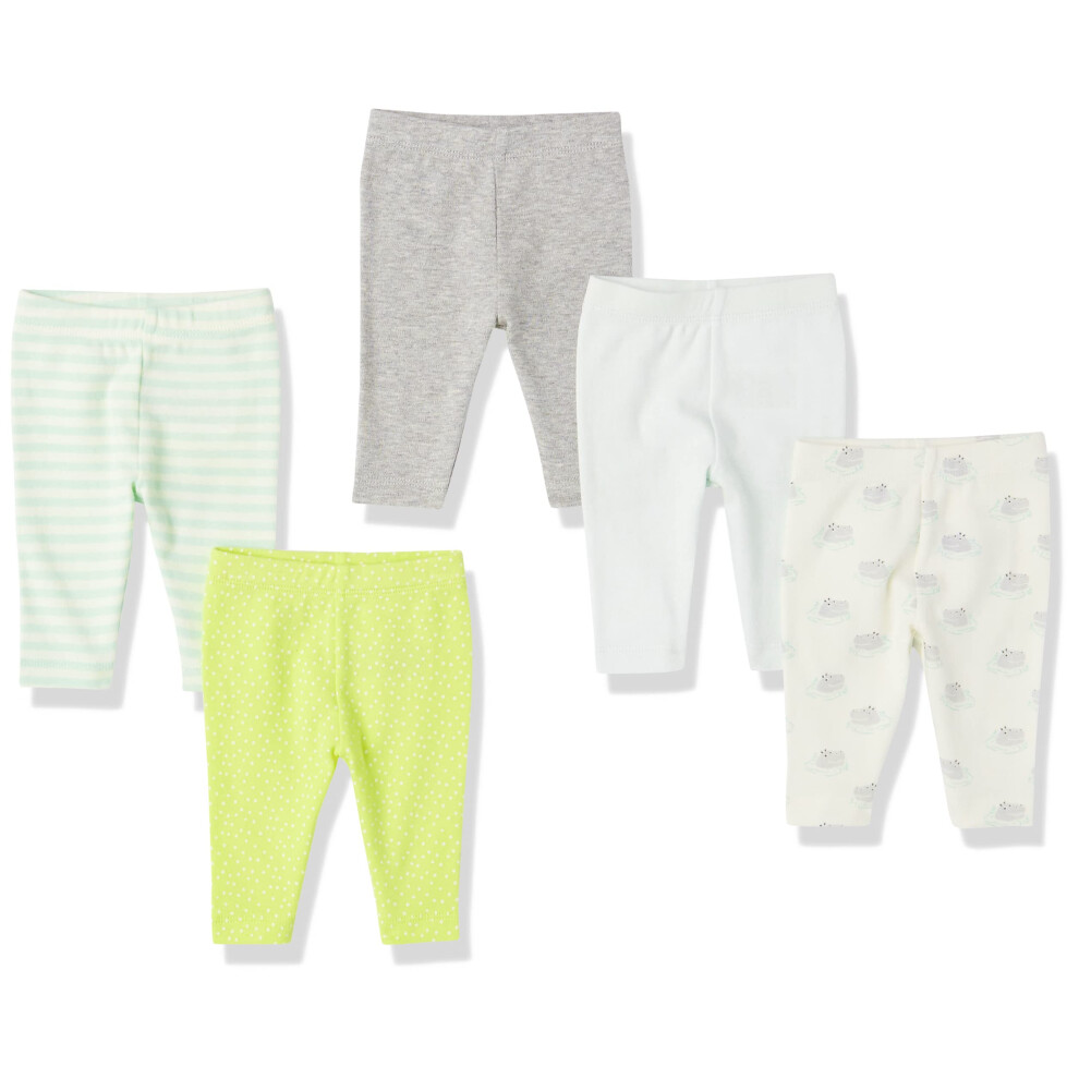 Unisex Babies' Leggings, Pack of 5, Grey/Green/Cream, Hippo/Stripe/Dots, 3 Months