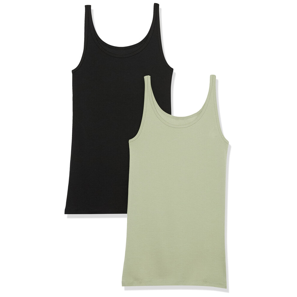 Womens Slim-Fit Thin Strap Tank, Pack of 2, BlackLight Sage green, Large