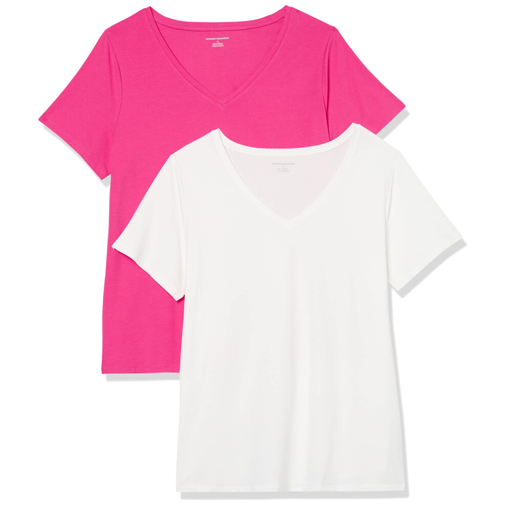 Women's Classic-Fit Short-Sleeve V-Neck T-Shirt, Pack of 2, White/Dark Pink, 5X