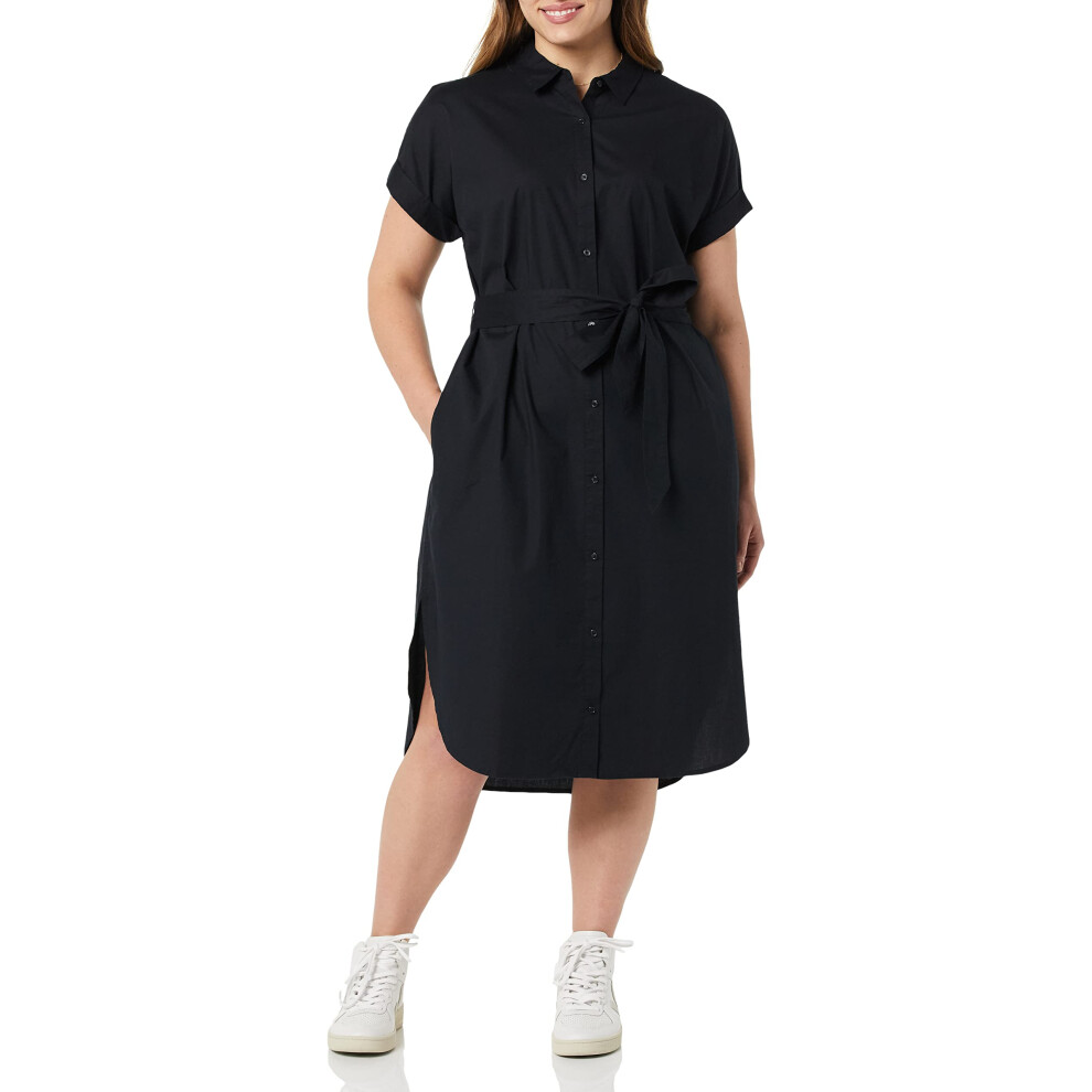 Womens Short Sleeve Button Front Belted Shirt Dress, Black, Medium