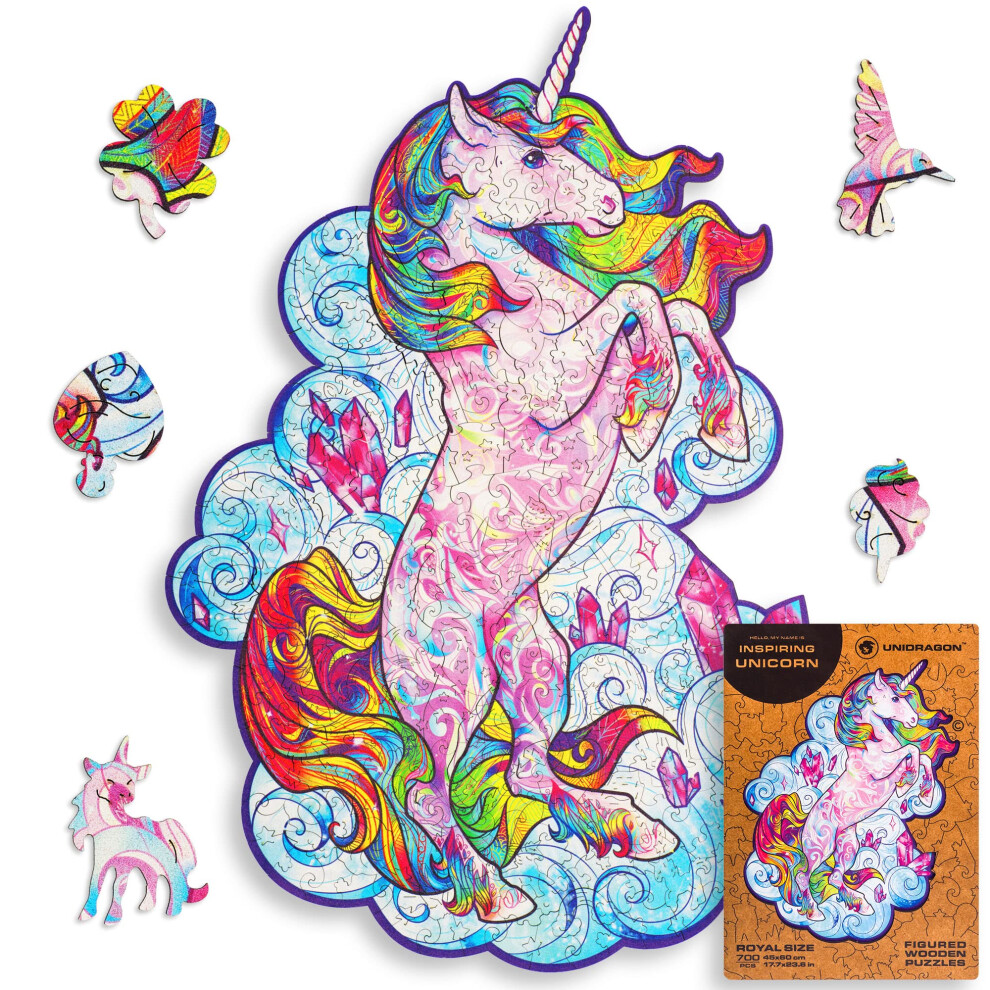 Puzzle In Legno Originali Unidragon - Unicorno Ispiratore 700 Pezzi Dimensioni Reali 17,7""""X23,6"""" Bellissima Confezione Regalo Forma Unica Il Mi-image