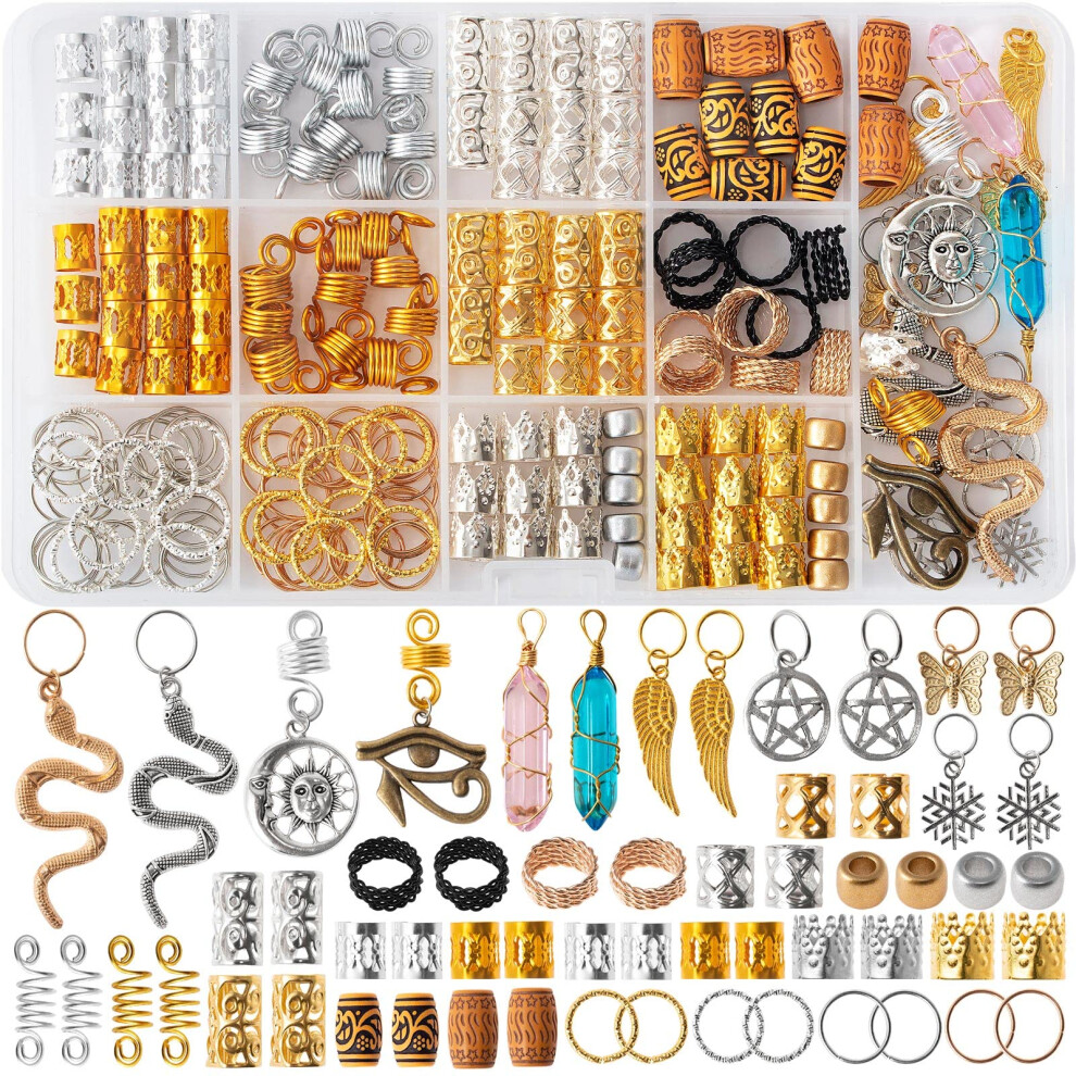Vaikby Unisex Silver,Gold 200Pcs Hair Beads Jewelry, Dreadlocks Gem Crystal Hair Charms, Metal Hair Coils Rings, Gold And Silver Hair Pendants,Braid Cuffs,Clips,Loc Tube Bead
