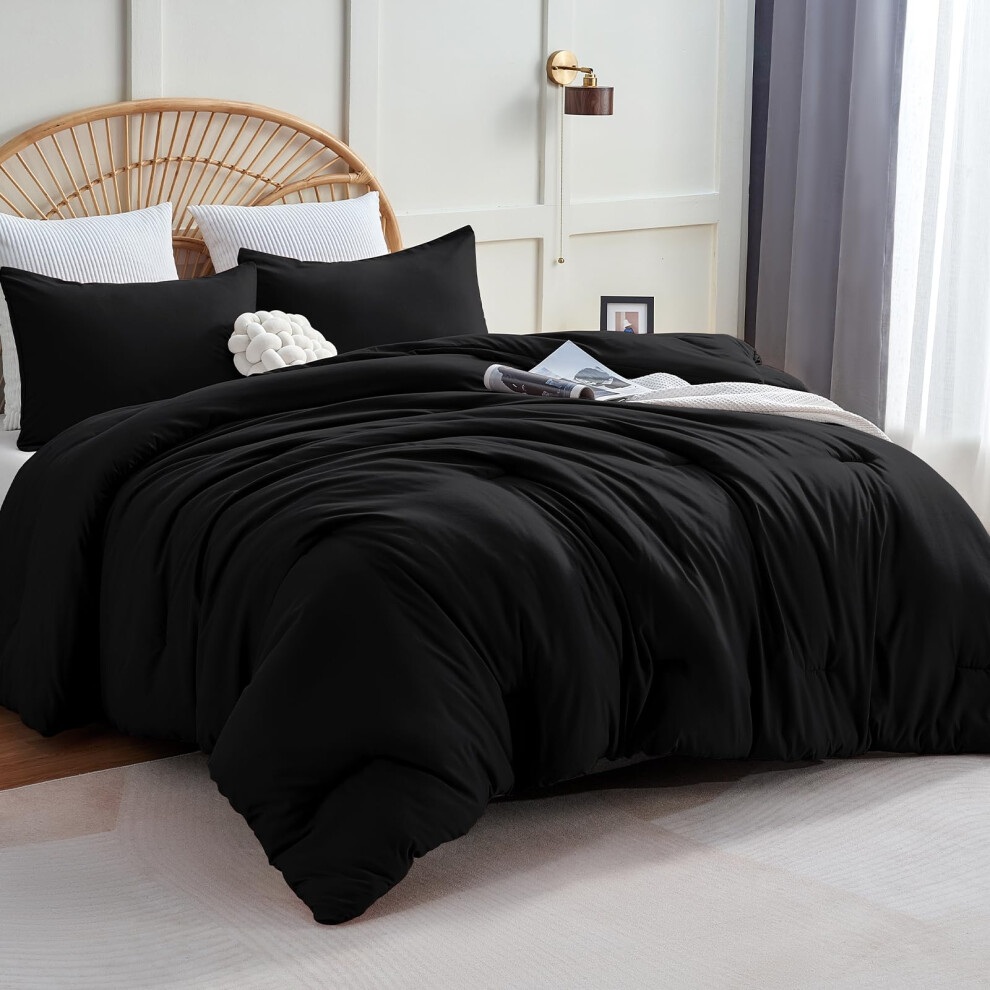 Parure de lit CozyLux noire, taille King, 3 pi   ces, unie, respirante, matelass   e, luxueuse, moelleuse et douce, en microfibre, pour toutes les sa