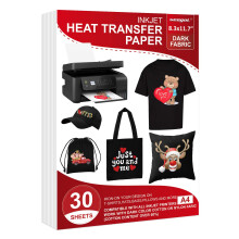 30 hojas de papel de transferencia t   rmica para telas negras y oscuras de 8,3 x 11,7 pulgadas. Papel de transferencia termoadhesivo para camiseta