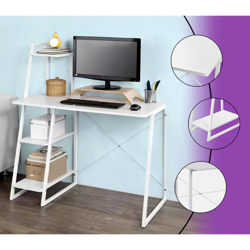 (White) Computer Desk Home Office Table With 4-Tier Storage Shelf Pc Laptop Work Study Writing Desk For Bedroom Living Room