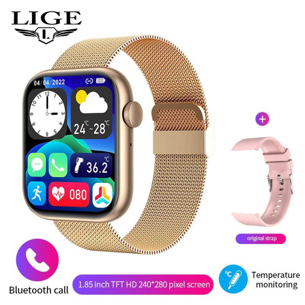 (gold, Milan Net) LIGE Body Temperature Smart Watch Women 1.85 Inch Rotary Keys Sports Bracelet Bluetooth Call Custom Dial Men Smartwath Lady 2022