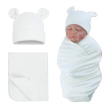 PESAAT Baby-Wickelmtze-Set, Brenohren, fr Jungen und Mdchen, Mtze fr Neugeborene, Empfangsdecke, Herbst und Winter (wei (Mtze + Pucktuch), 0
