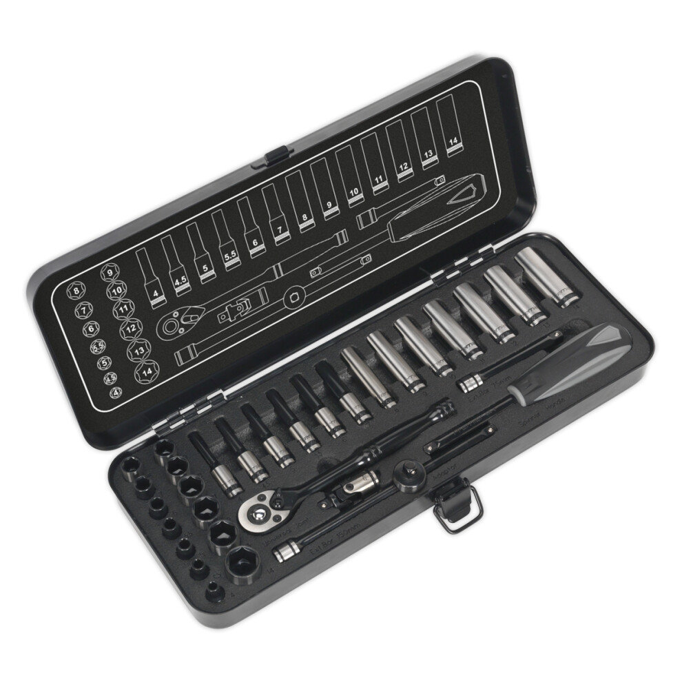 Sealey Ak7970 Socket Set 32Pc 1/4In Sq Drive 6Pt Walldrive Metric Series Black