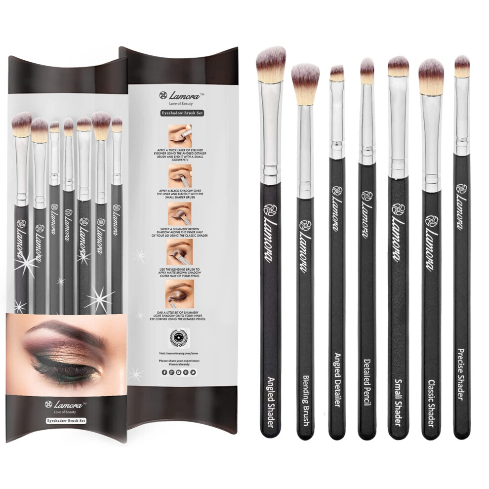 Lamora Eye Makeup Brushes Eyeshadow Brush Set - 7Pcs Soft Synthetic Brush Kit - For Blending Eyeshadow, Eyeliner, Crease, Eyebrow - Long Lasting, Apply Bett