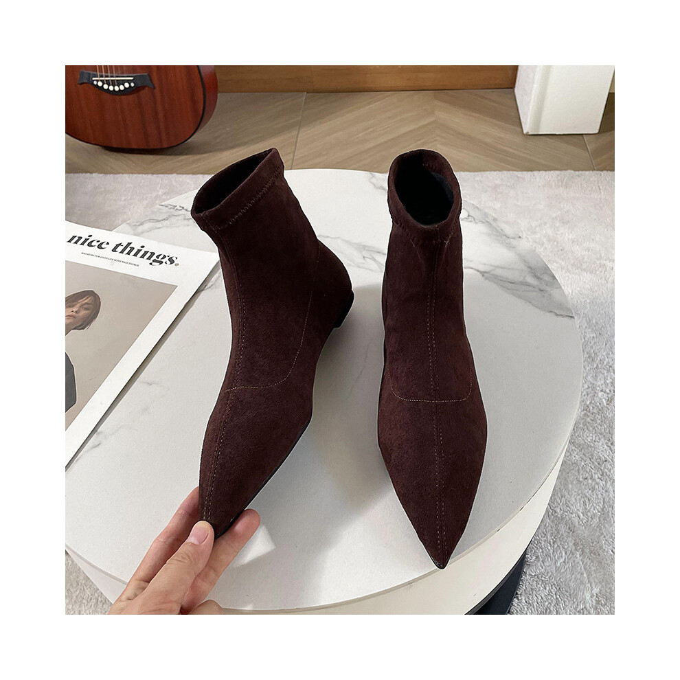 (Dark Brown, 38) Stylish And Black Brown Suede Sock Boots For Women With Comfortable Flat Sole And Pointed Toe Design