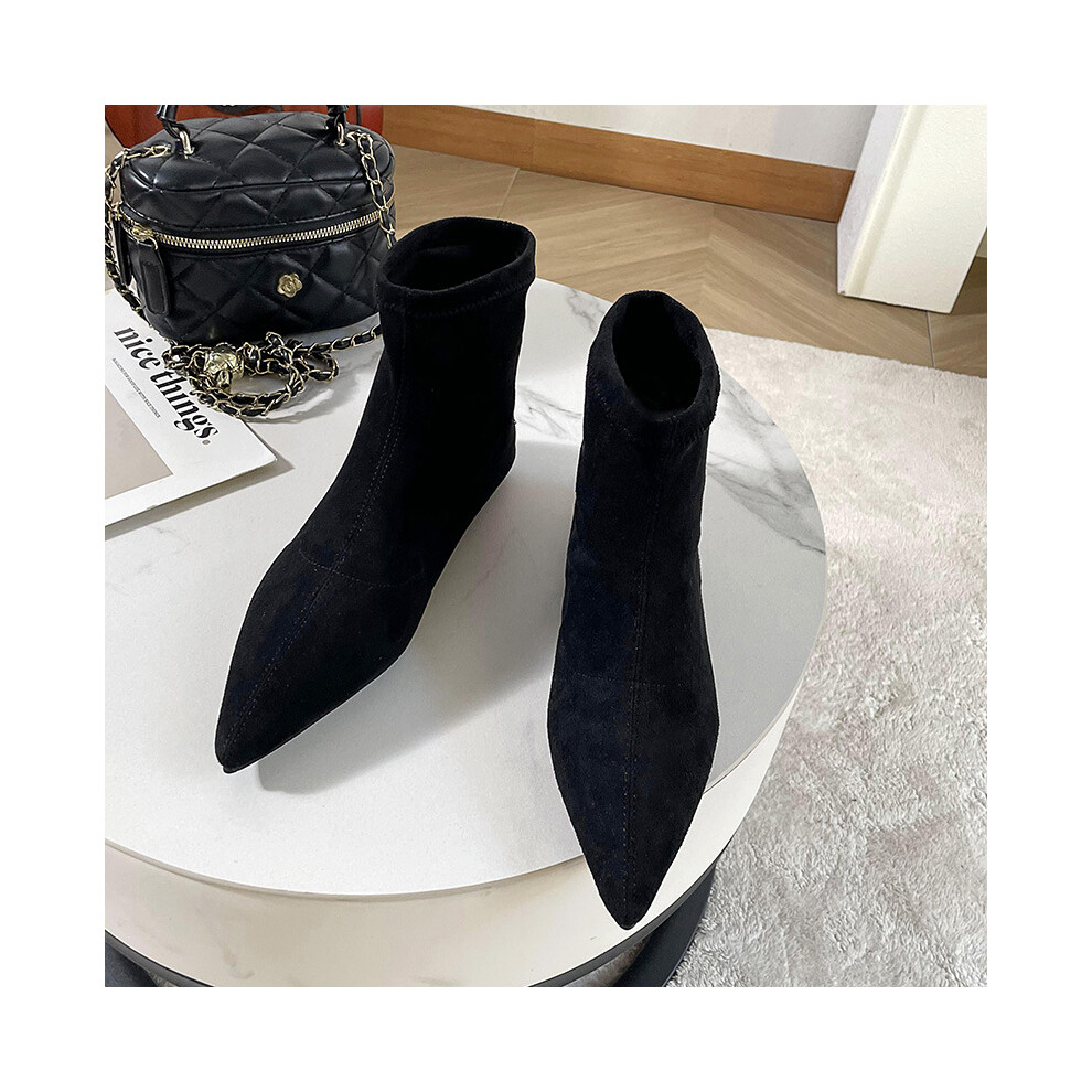 (Black, 41) Stylish And Black Brown Suede Sock Boots For Women With Comfortable Flat Sole And Pointed Toe Design