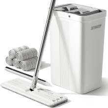 JOYMOOP Mop and Bucket with Wringer Set, White Flat Squeeze Mop Bucket Set for Floor Cleaning, Wet Dry Mop for Walls, Wall Cleaner with Long Handle,