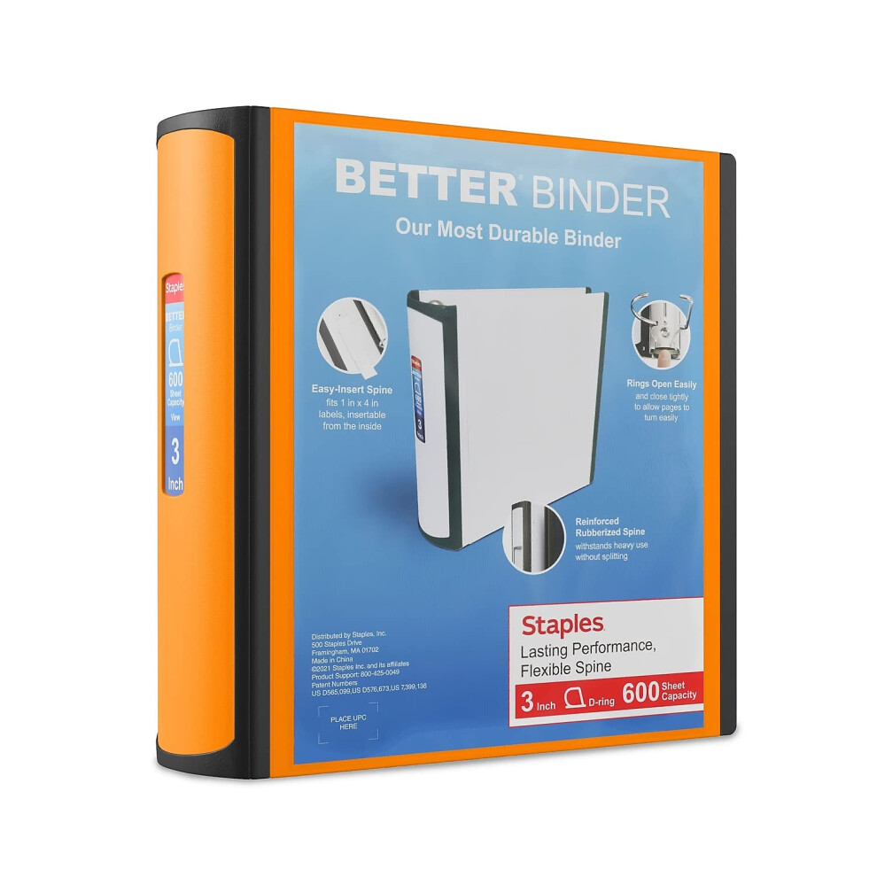 STAPLES 728073 Better View 3-Inch Slant D 3-Ring Binder Orange (16405)