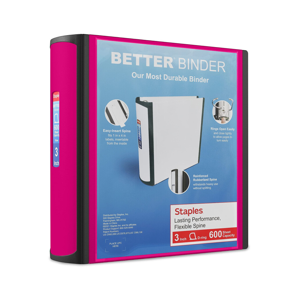 Staples 702876 Better 3-Inch D 3-Ring View Binder Pink (15128-Us)