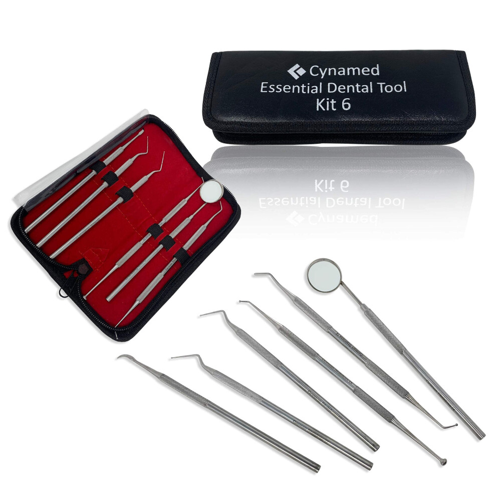Cynamed Essential Dental Tool Kit Premium Stainless Steel Pick Oral Care Kit Hygiene Tooth Scraper Tartar Dental Scaler Tweezers Mouth Mirror For Per