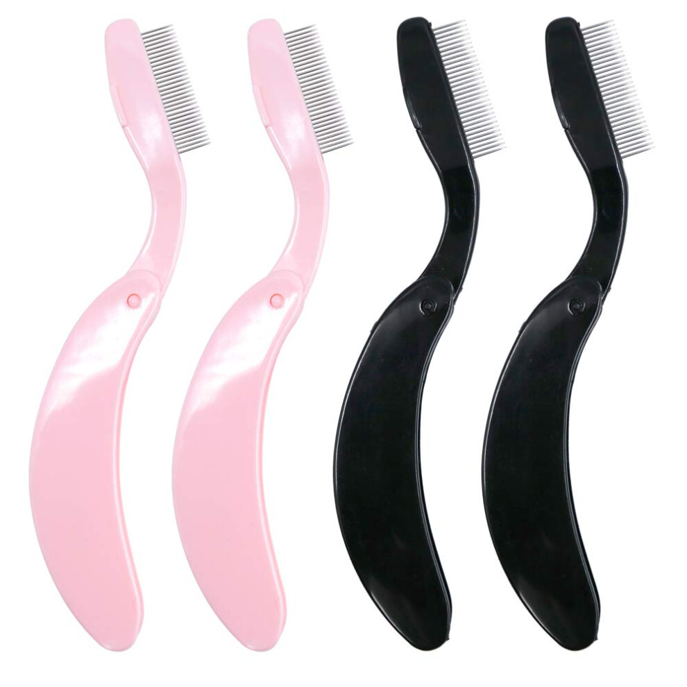 G2plus 4Pcs Folding Eyelash Comb, Eyebrow Comb Metal Teeth, Eyelash Separator Comb, Eyelash Brush And Comb, Professional Tool For Define Lash & Brow (Pink)