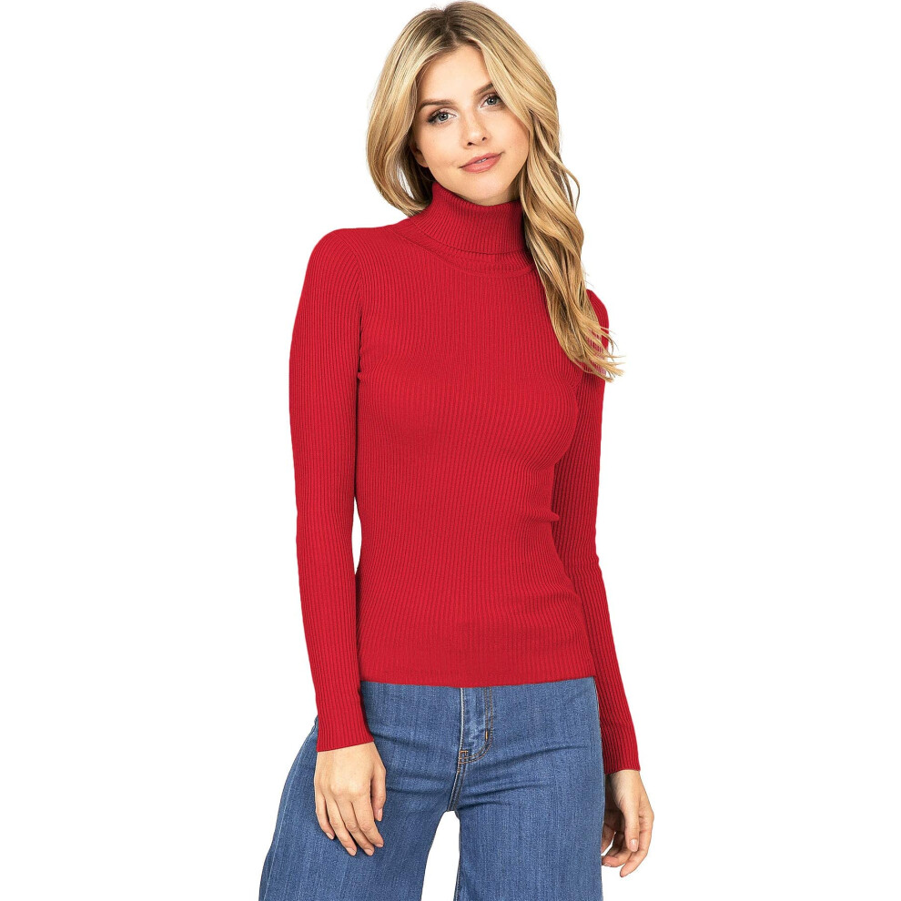 Ambiance Apparel Women's Ribbed Long Sleeve Turtleneck Top (L, Red)