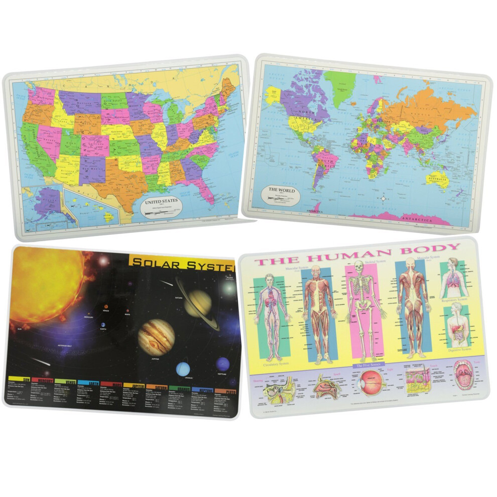 Painless Learning Educational Placemats?for Kids USA and World Maps, Solar System, The Human Body Laminated Washable Reversible Activities Set of 4-image-OPC-PFFRZCC-NEW