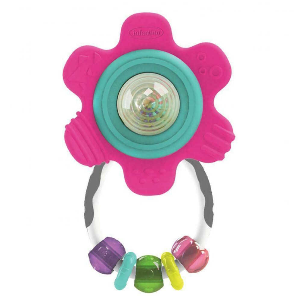 Infantino Spin & Teethe Gummy Yellow Flower Rattle - Easy to Grab, Chewy Rings, Multi-Texutre Petals, Roller Ball Center - Teething & Sensory Play, A