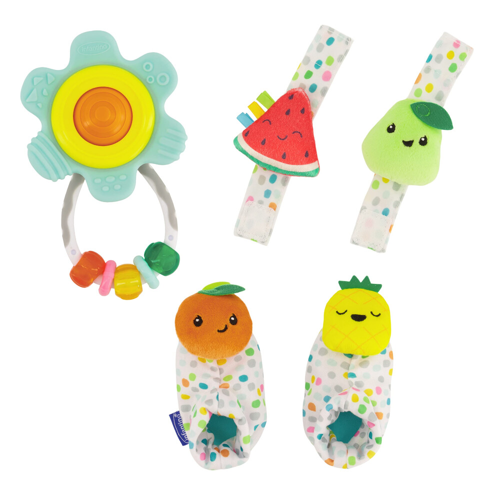 Infantino Baby's 1st Rattle Bundle Gift Set, Wrist Rattles, Foot Rattles, Spin & Teethe Gummy Rattle, Multicolor Fruit-Themed, 3-Piece Value Set for