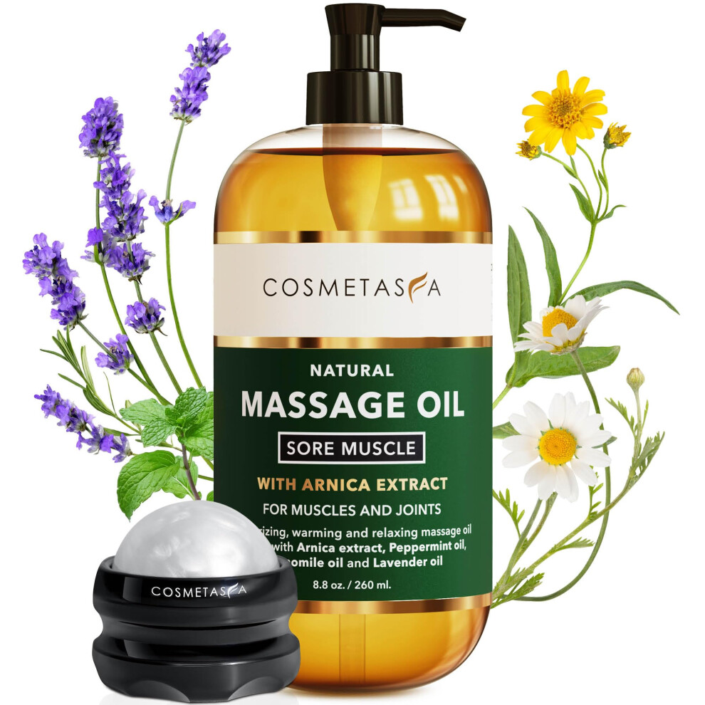 Cosmetasa Massage Oil for Sore Muscles with Roller Ball - Soothes Joints & Muscles with Arnica, Lavender Oil, Peppermint Oil & Chamomile Extract - Gr