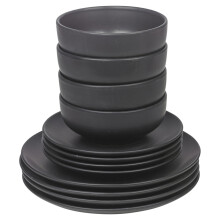 (12Pc Black) Coloured Stone Ceramic Dinnerware Crockery Plates Bowls Dining Set